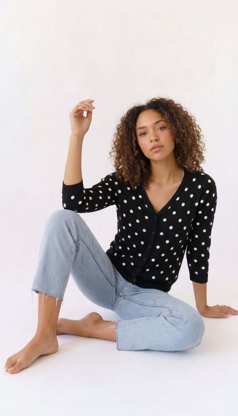 liz&co. Women's Black and White Polka Dot Button-Down Cardigan Sweater
